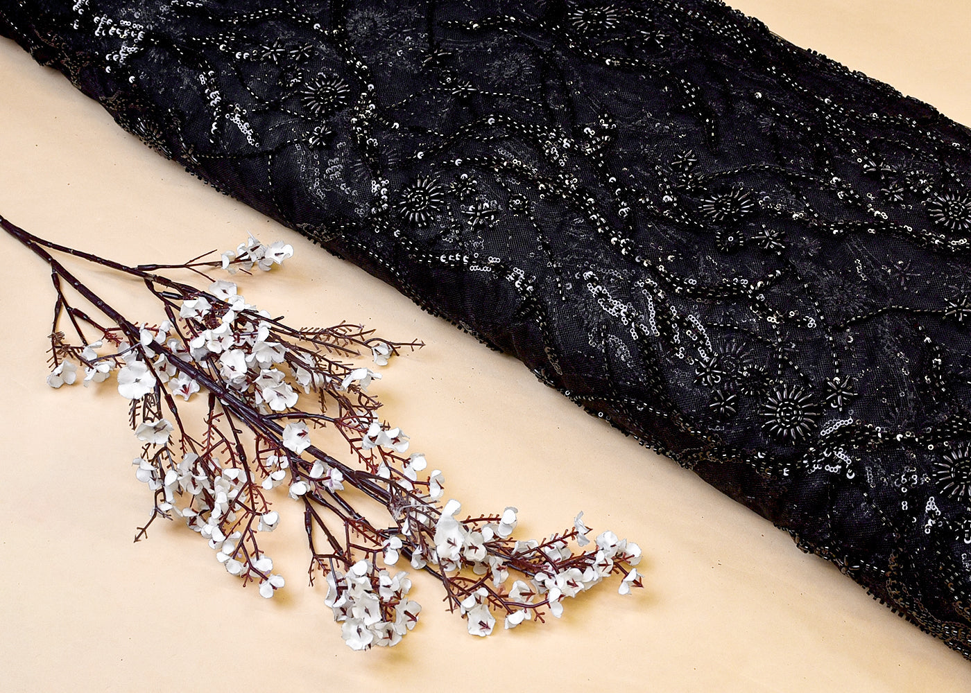 Black Imported Net Fabric with All Over Katdana, Bead, and Sequins Work 12207