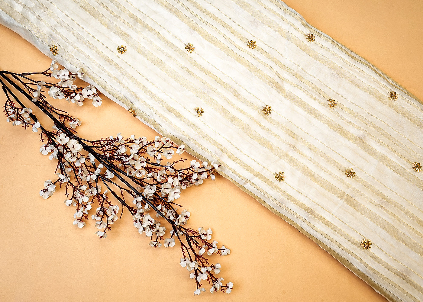 Elegant Organza Tissue Fabric with All-Over Buti of Sequins and Beads