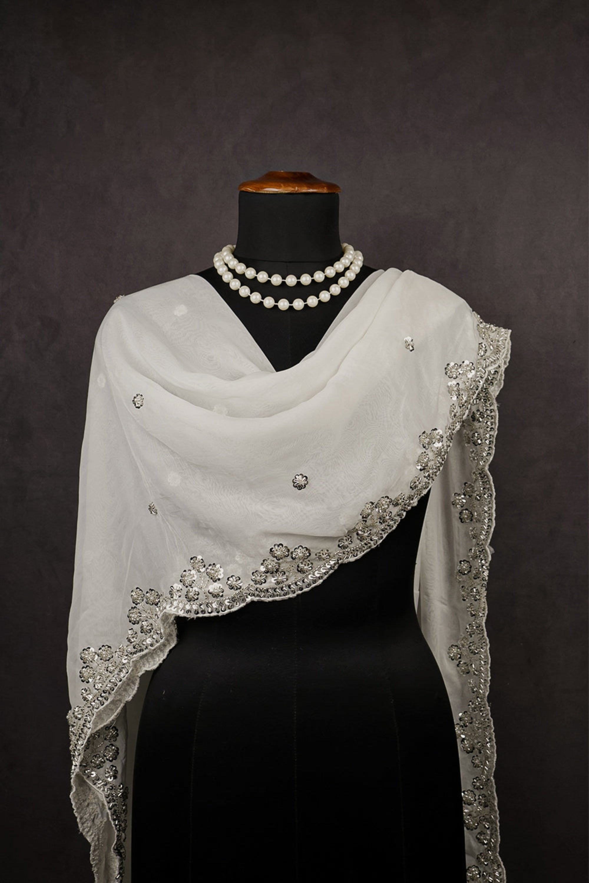 White Dyeable Organza Dupatta With All Over Katdana, Bead And Sequins Work 12225