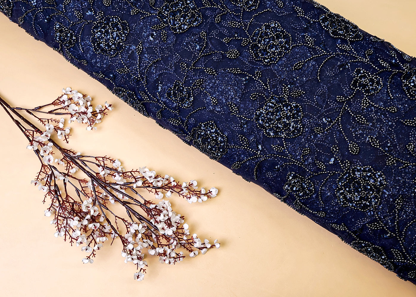 Navy Blue Imported Net Fabric with Allover Bead and Sequins Work 12237