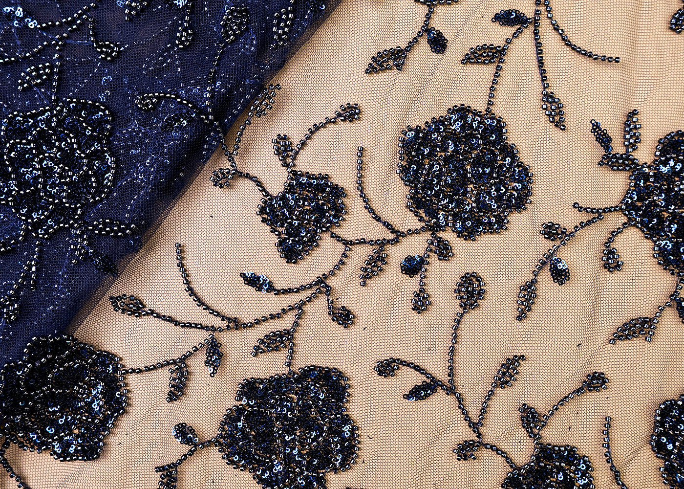 Navy Blue Imported Net Fabric with Allover Bead and Sequins Work 12237