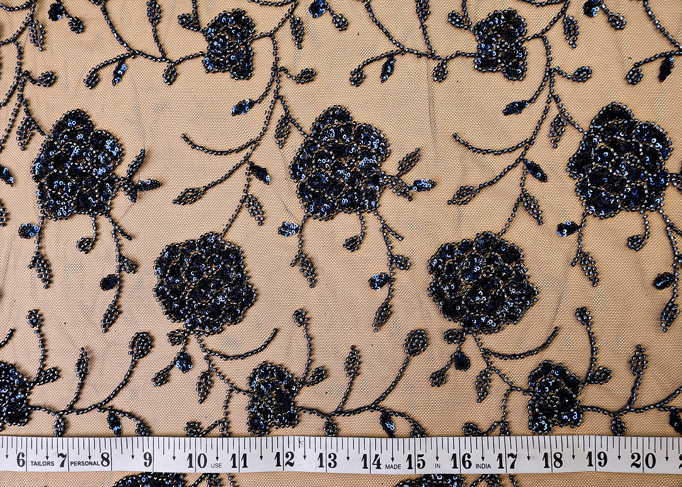 Navy Blue Imported Net Fabric with Allover Bead and Sequins Work 12237