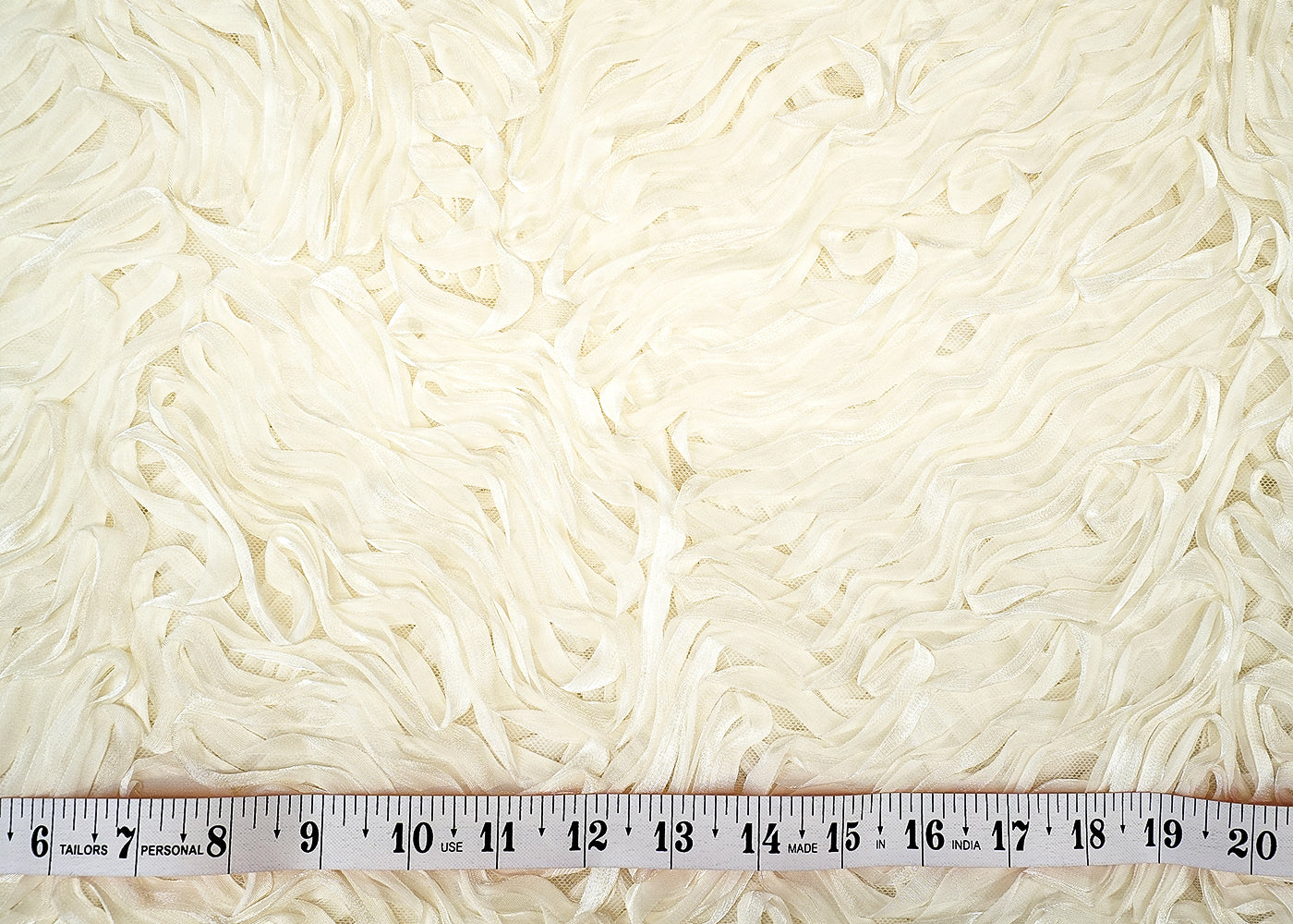 Imported Cream Net Fabric with Allover Pleated Ribbon Work