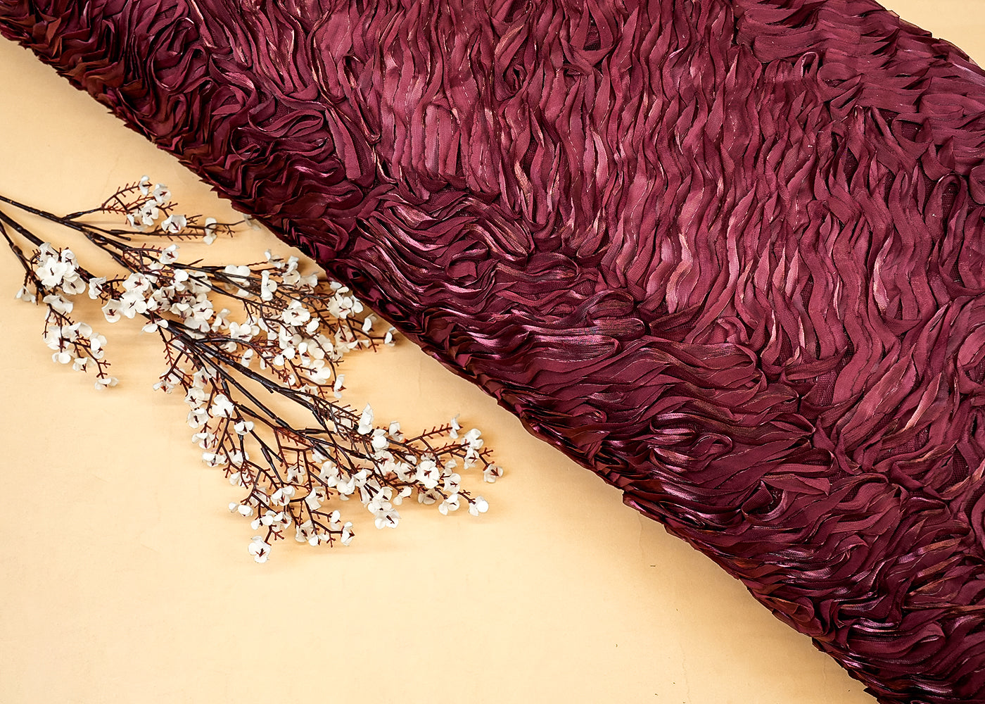 Imported Wine Net Fabric with Allover Pleated Ribbon Work