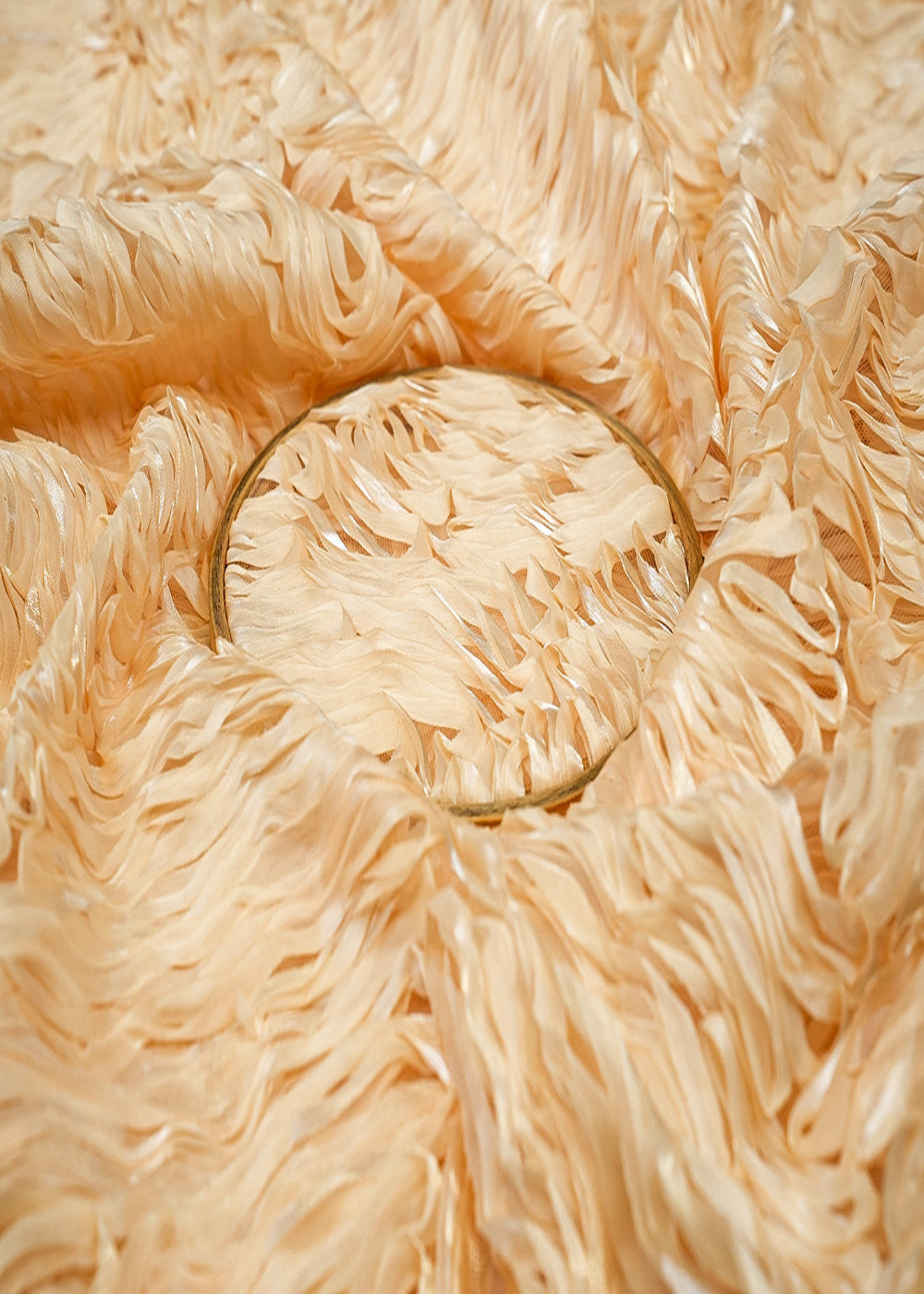 Imported Cream Net Fabric with Allover Pleated Ribbon Work