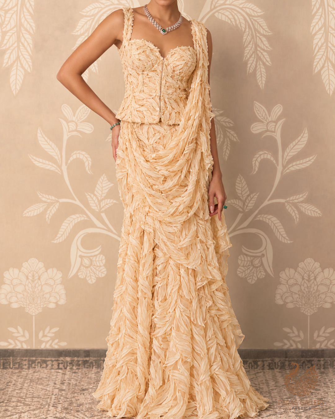Imported Cream Net Fabric with Allover Pleated Ribbon Work