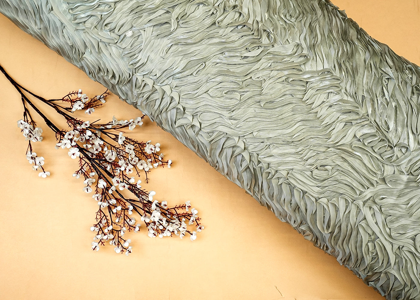Imported Sea Green Net Fabric with Allover Pleated Ribbon Work