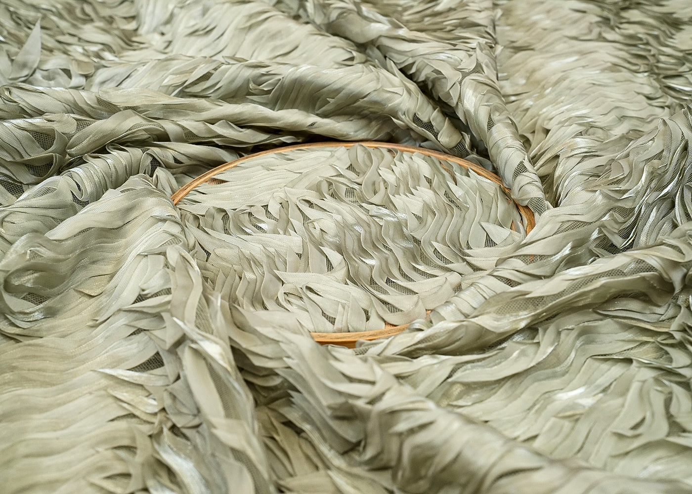Imported Sea Green Net Fabric with Allover Pleated Ribbon Work