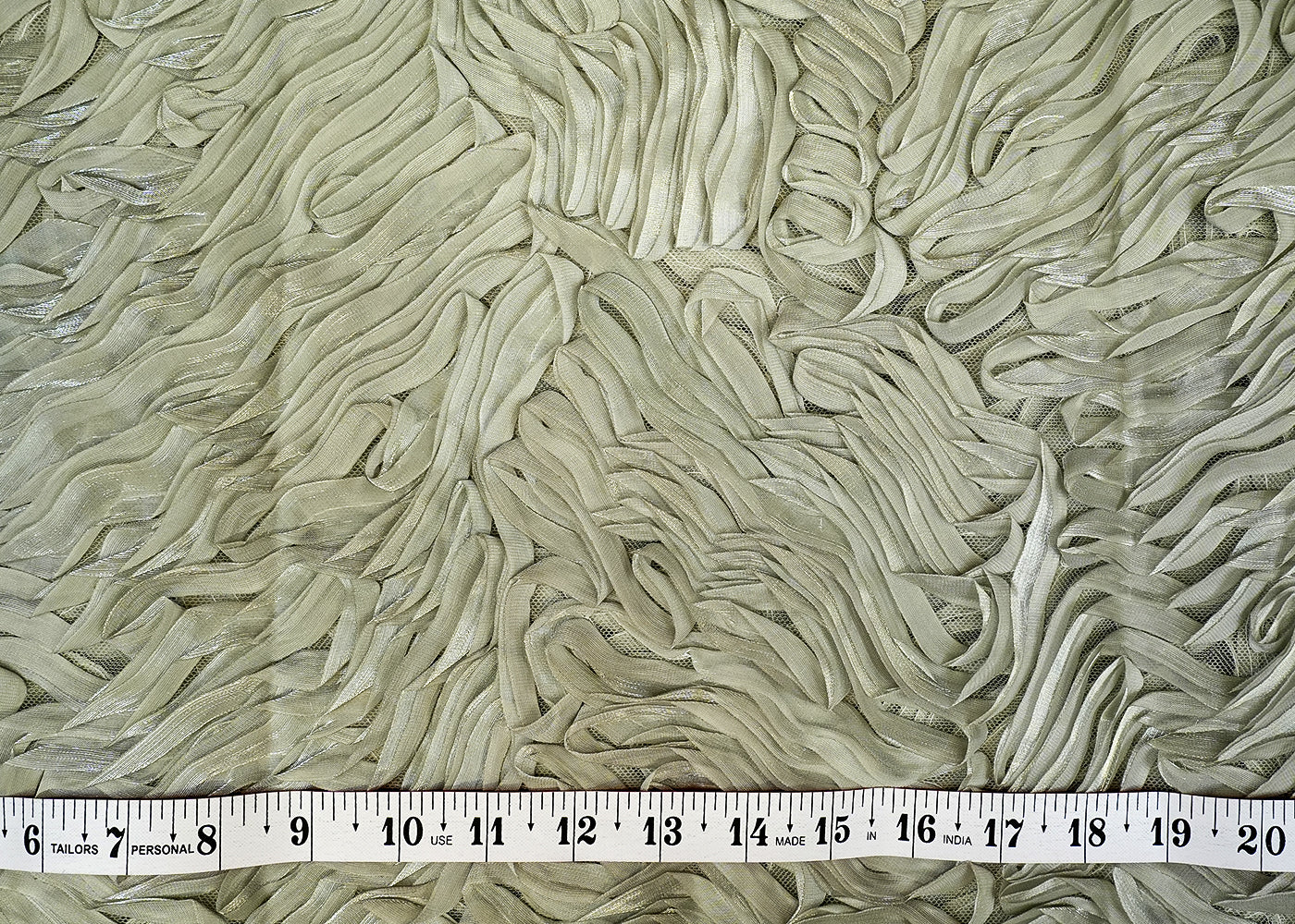 Imported Sea Green Net Fabric with Allover Pleated Ribbon Work