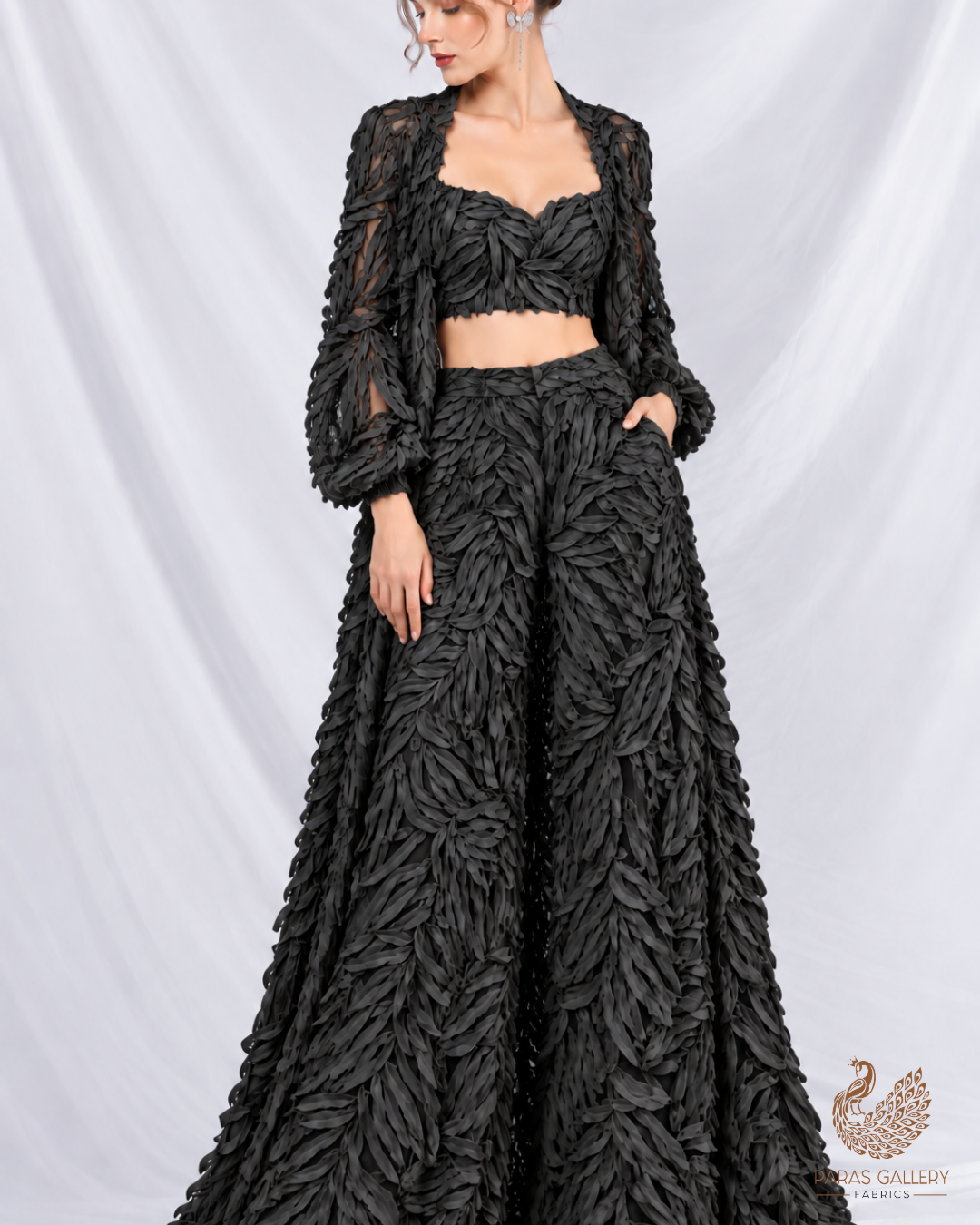 Imported Black Net Fabric with Allover Pleated Ribbon Work