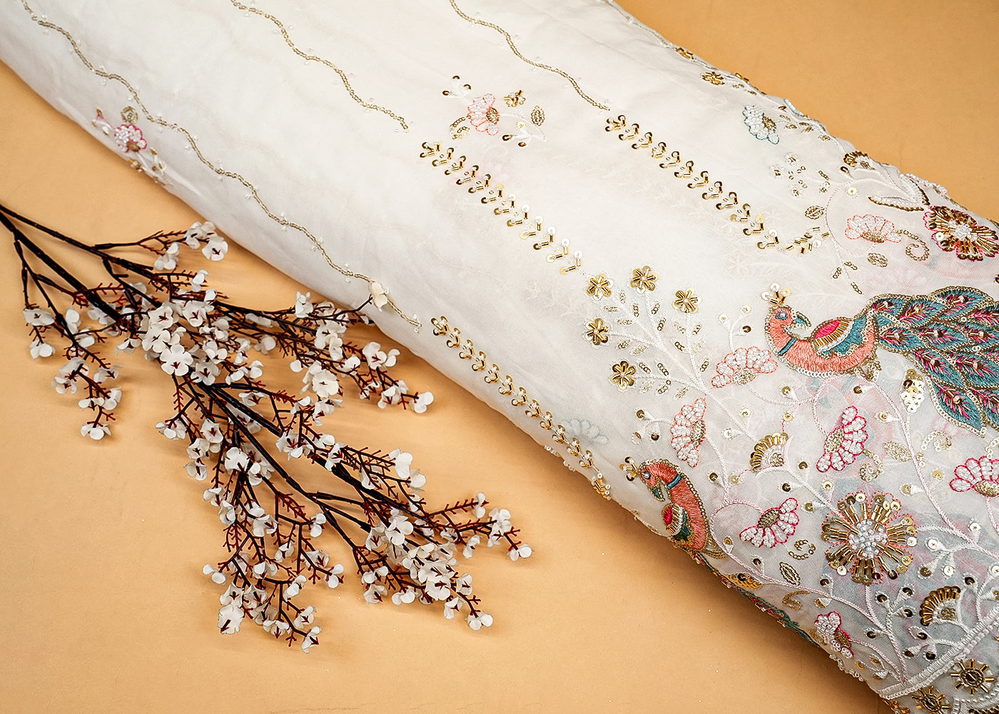 Georgette Fabric with Peacock Design of Sequins, Bead, Kutdana & Threadwork