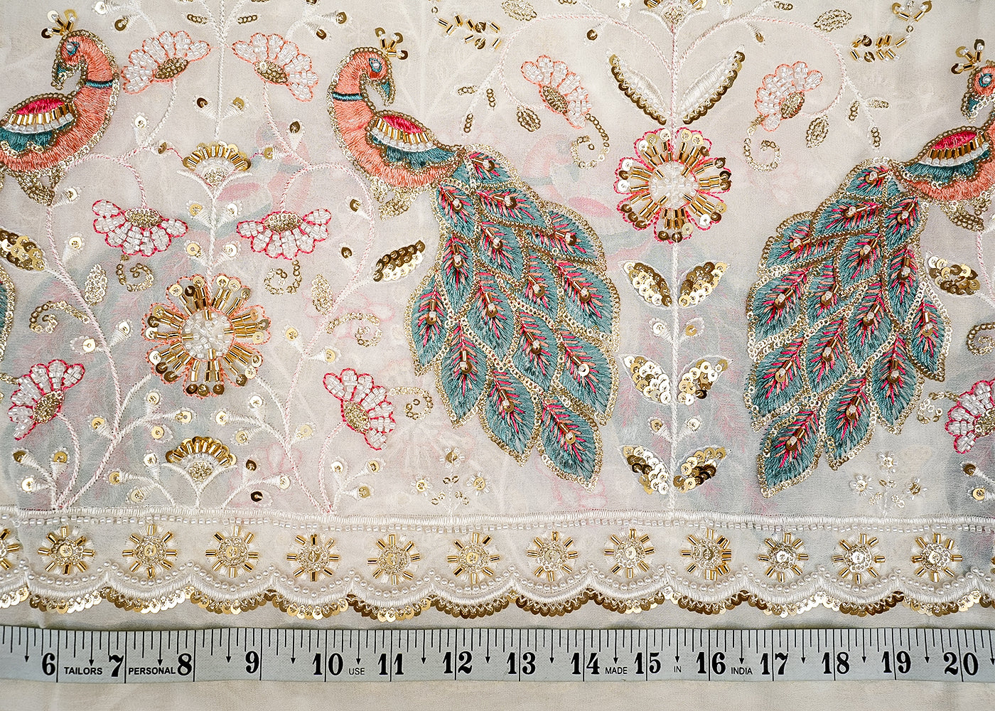 Georgette Fabric with Peacock Design of Sequins, Bead, Kutdana & Threadwork