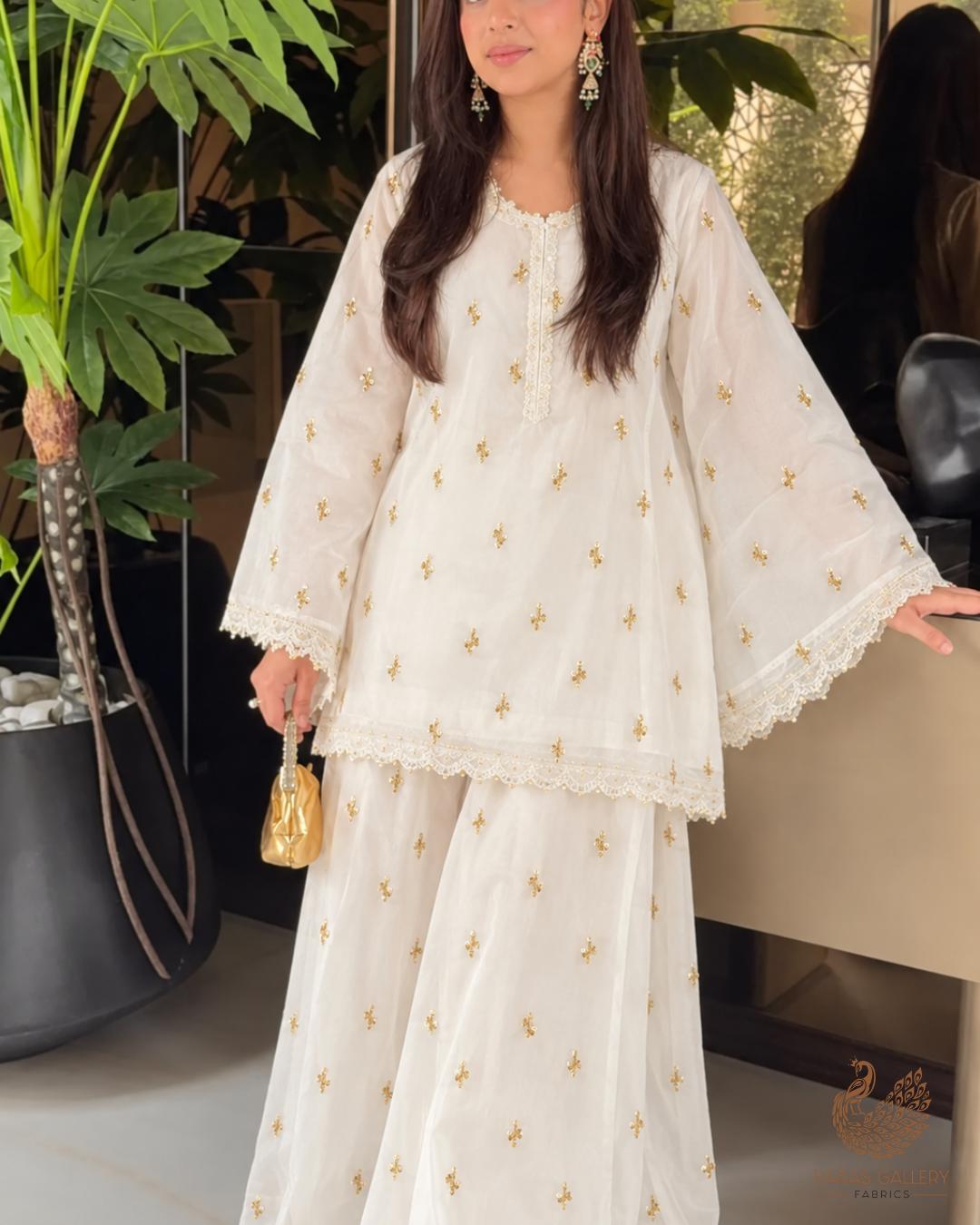 The Noor - White Organza with Classic Golden Buti of Thread & Sequins 12301