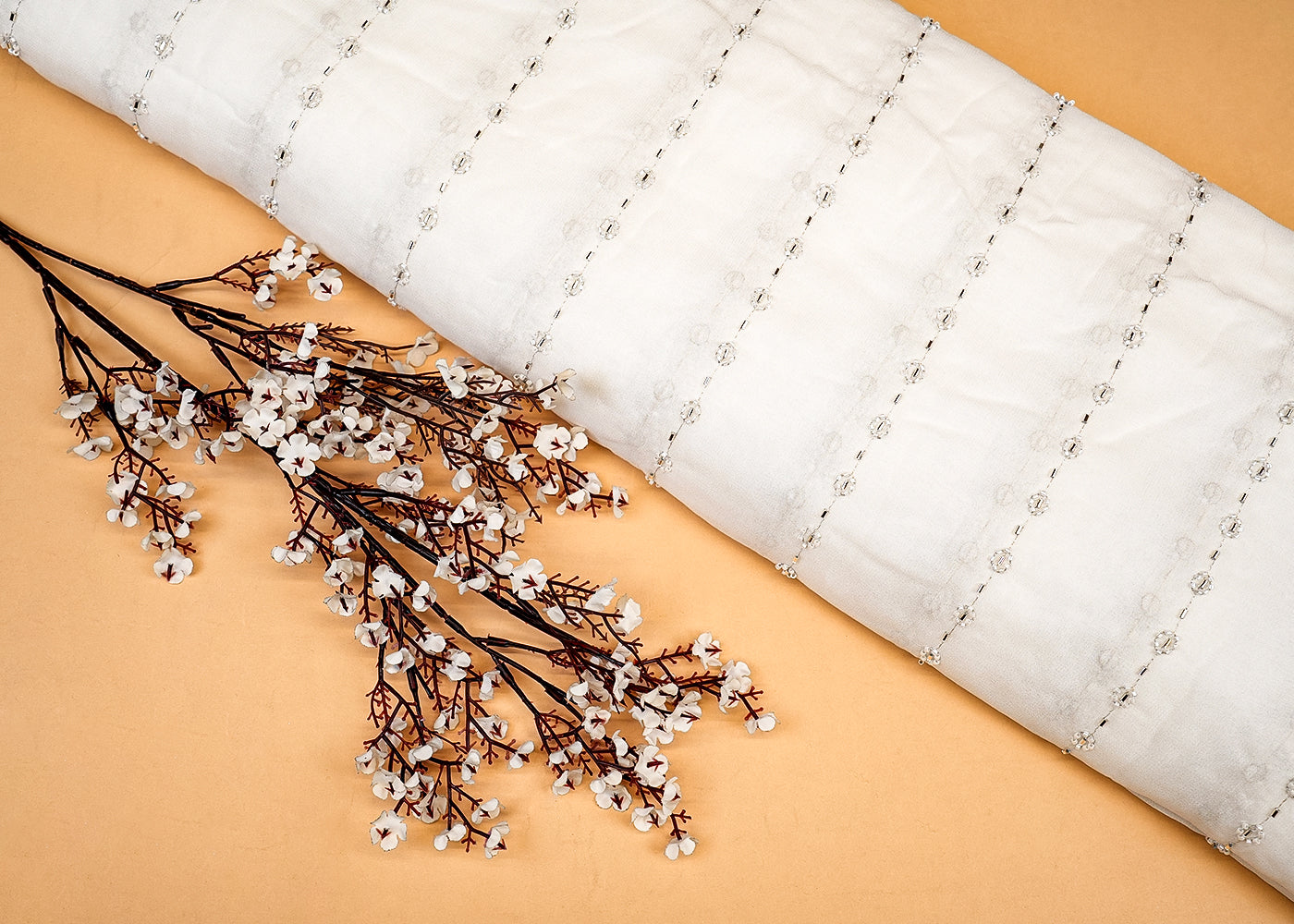 Elegant Georgette with Allover Silver Strips of Zari, Kutdana, Bead & Sequins