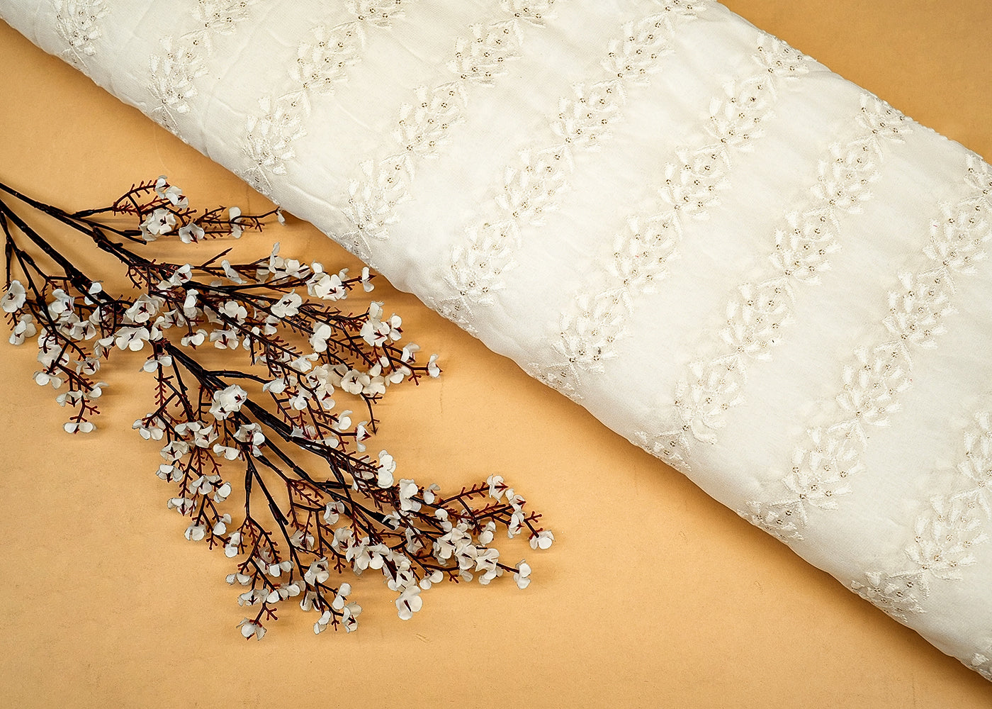 Dyeable Georgette Fabric with Allover Stripes Of Threadwork