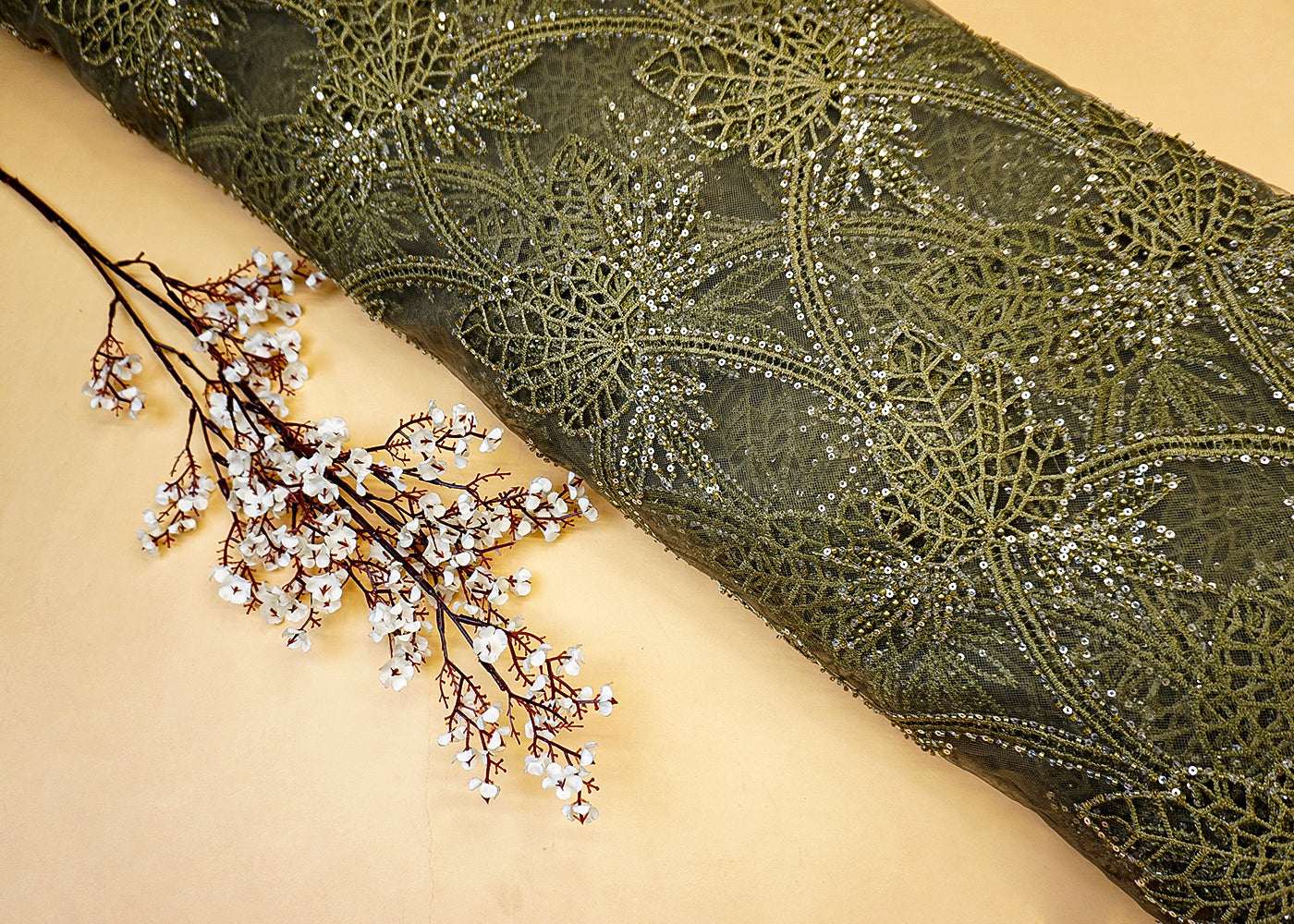 Mehandi Imported Net Fabric with Allover Cutwork, Sequins, Beads, Pearls & Thread