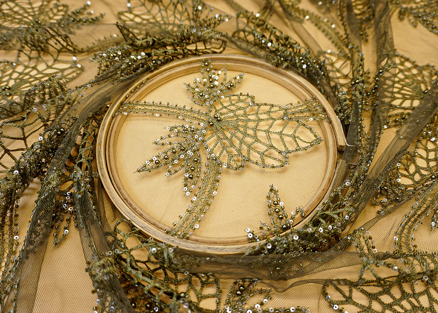 Mehandi Imported Net Fabric with Allover Cutwork, Sequins, Beads, Pearls & Thread