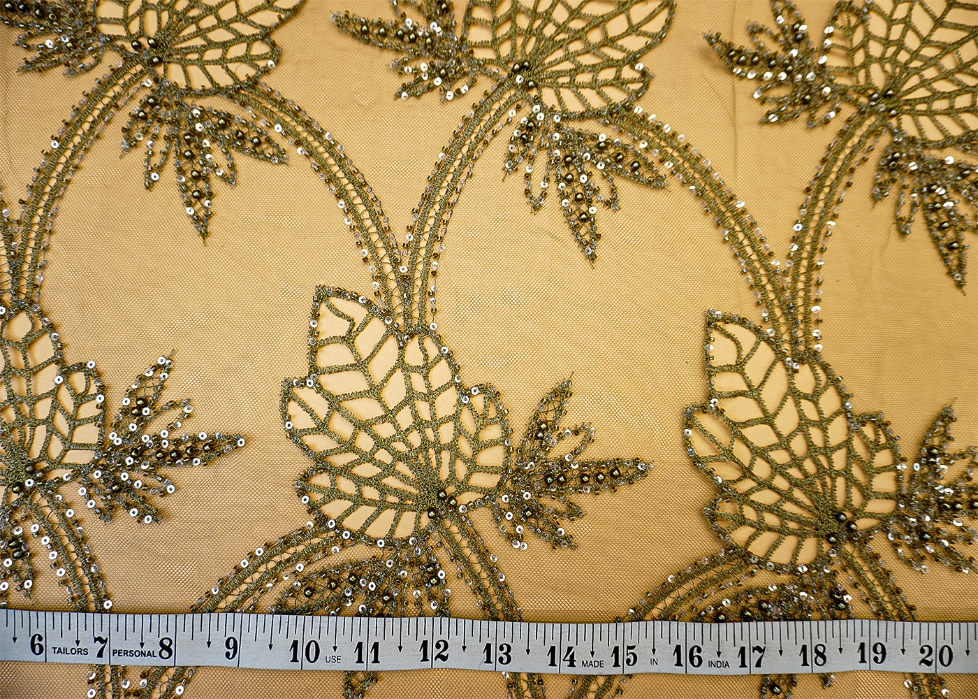 Mehandi Imported Net Fabric with Allover Cutwork, Sequins, Beads, Pearls & Thread
