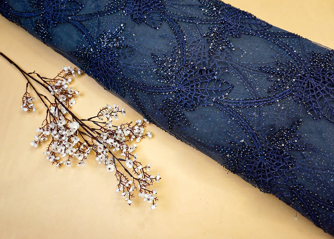 Navy Blue Imported Net Fabric with Allover Cutwork, Sequins, Beads, Pearls & Thread