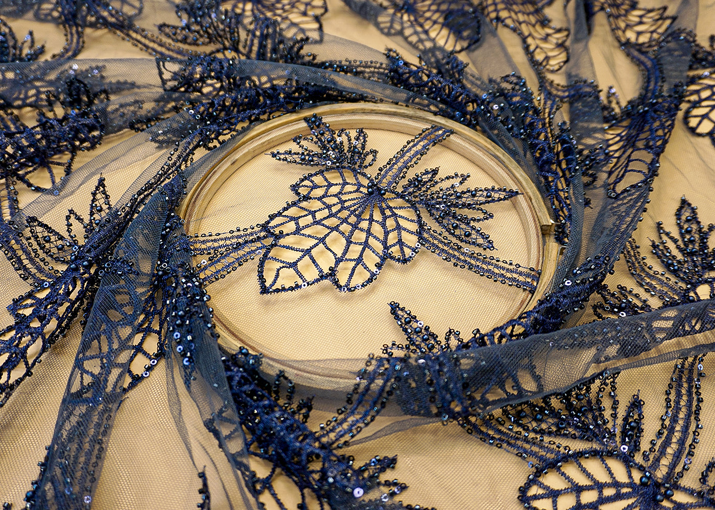 Navy Blue Imported Net Fabric with Allover Cutwork, Sequins, Beads, Pearls & Thread