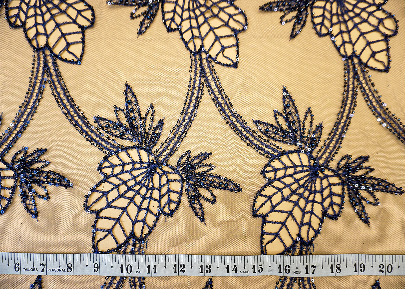 Navy Blue Imported Net Fabric with Allover Cutwork, Sequins, Beads, Pearls & Thread