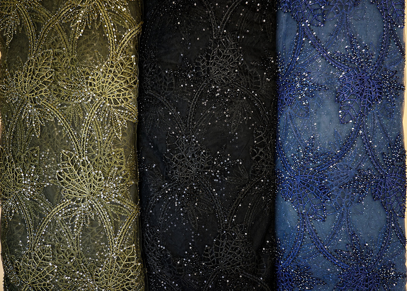 Navy Blue Imported Net Fabric with Allover Cutwork, Sequins, Beads, Pearls & Thread