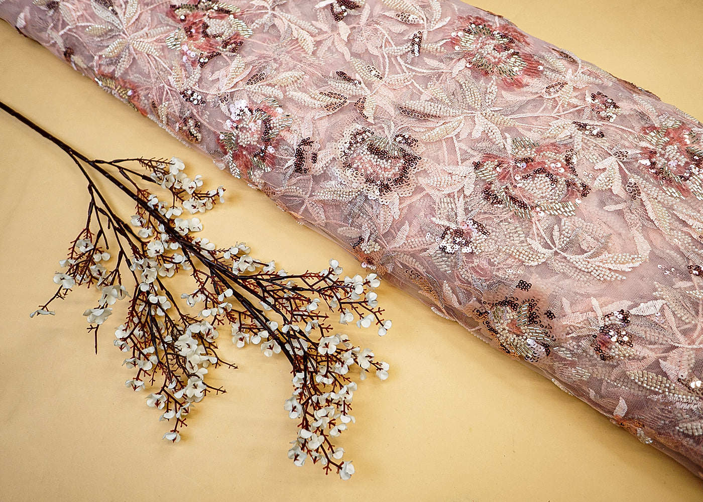 Pink Imported Net Fabric with Sequin, Kutdana & Bead Handwork with Intricate Detailing