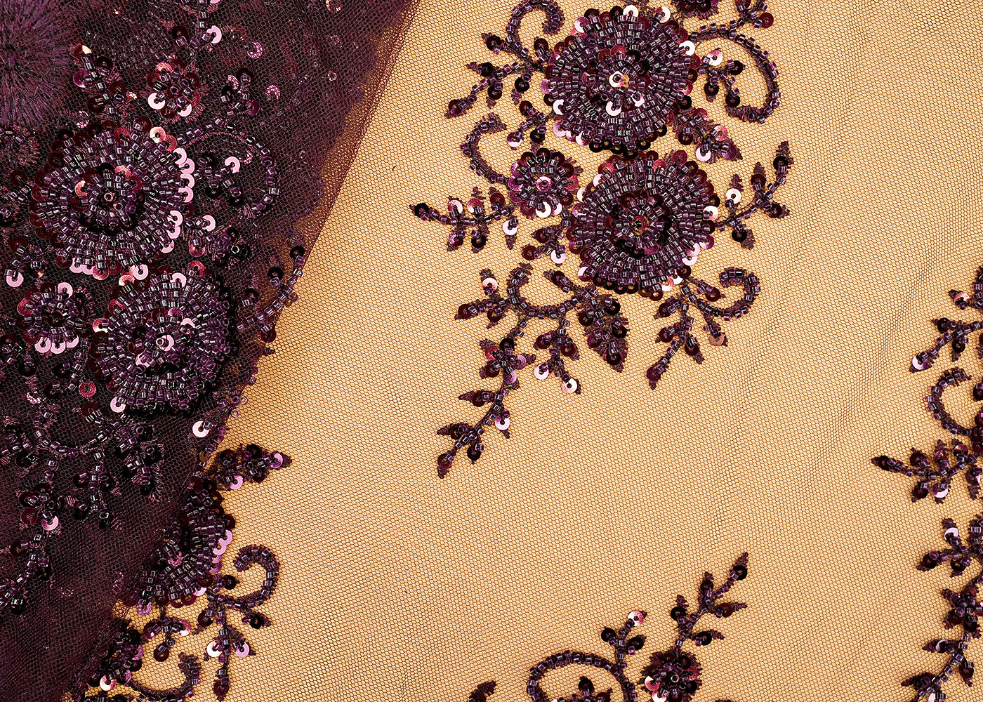 Wine Imported Net Fabric with Sequin & Kutdana Handwork with Scalloped Elegance