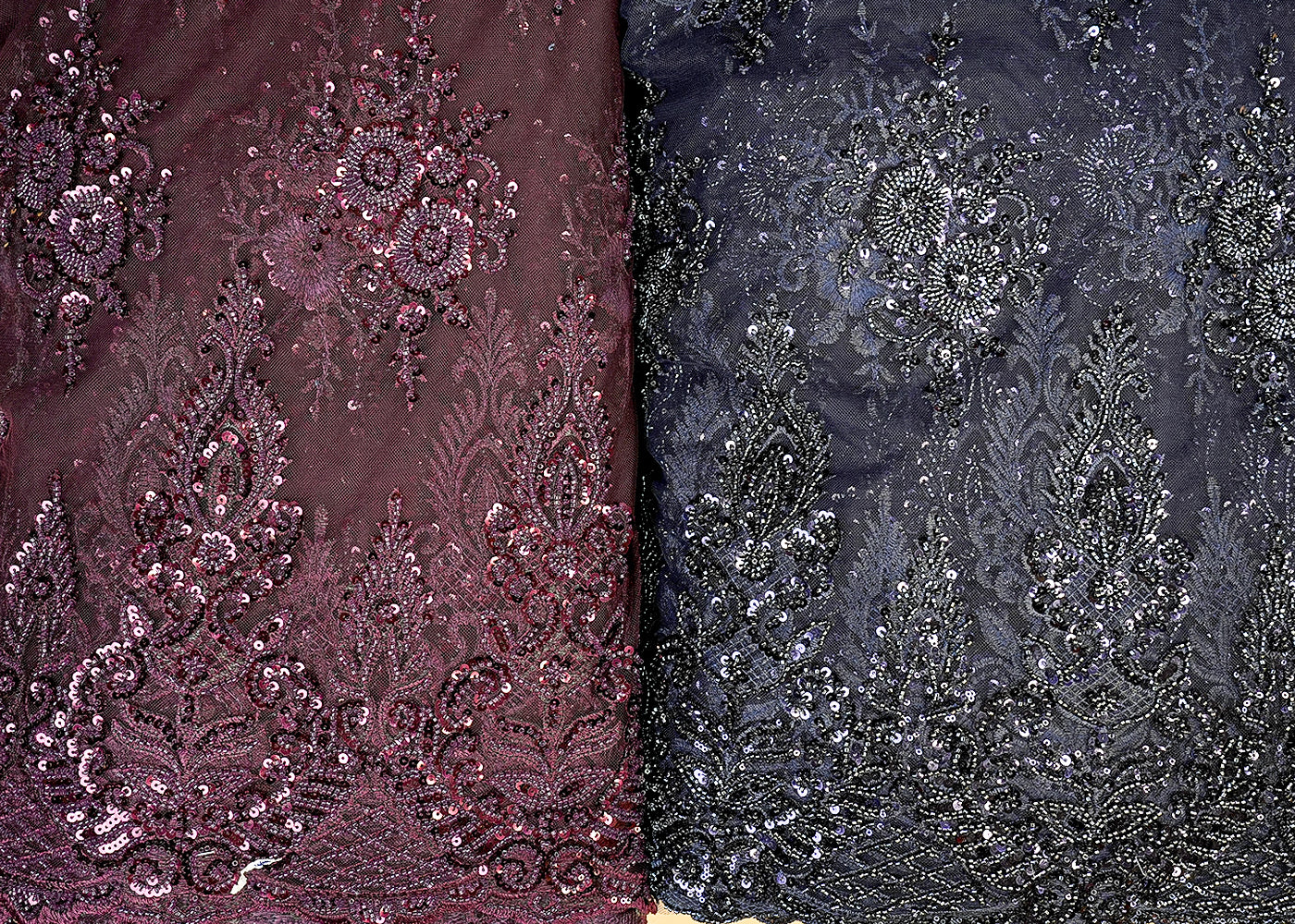 Wine Imported Net Fabric with Sequin & Kutdana Handwork with Scalloped Elegance