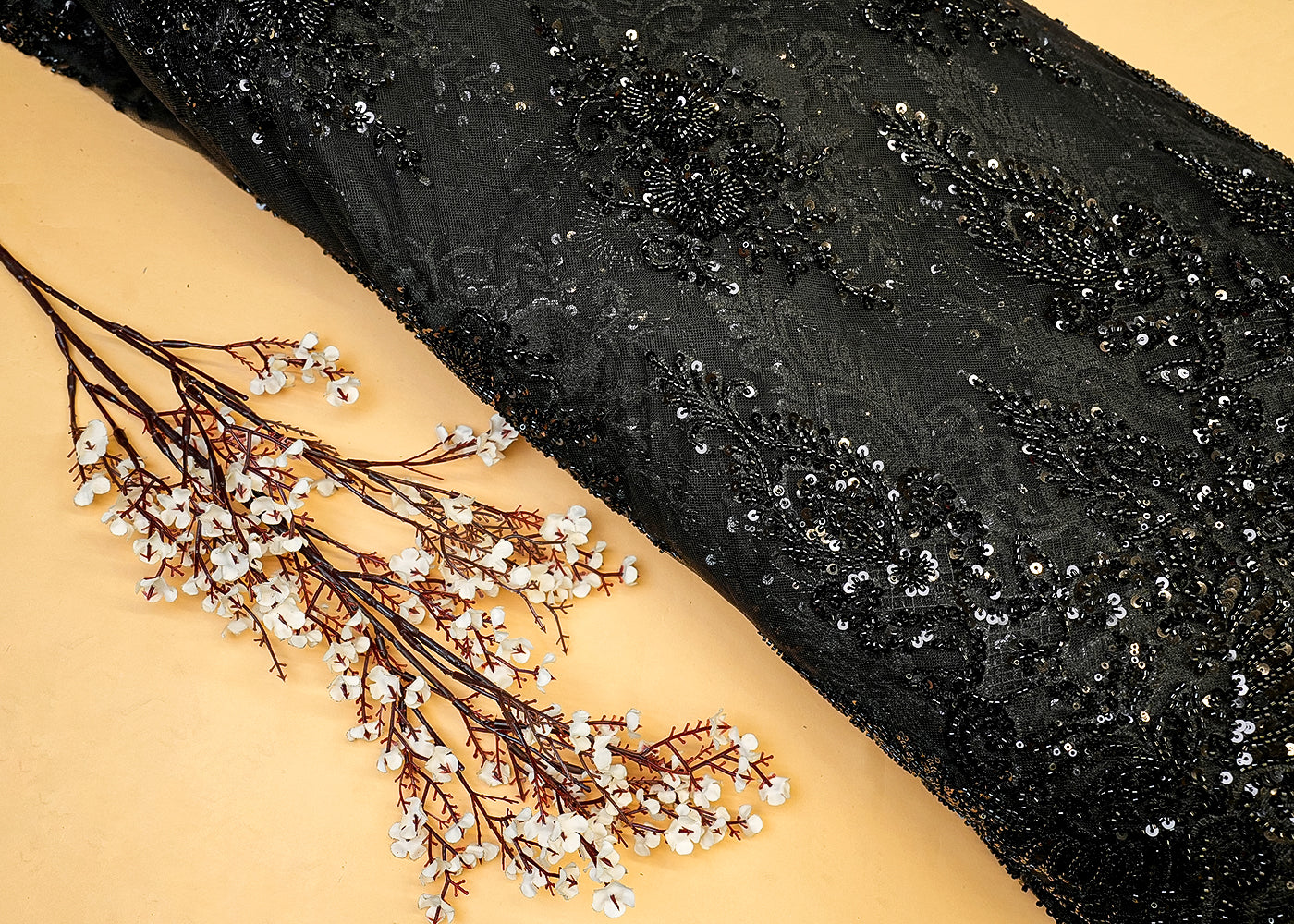 Black Imported Net Fabric with Sequin & Katdana Handwork with Scalloped Elegance