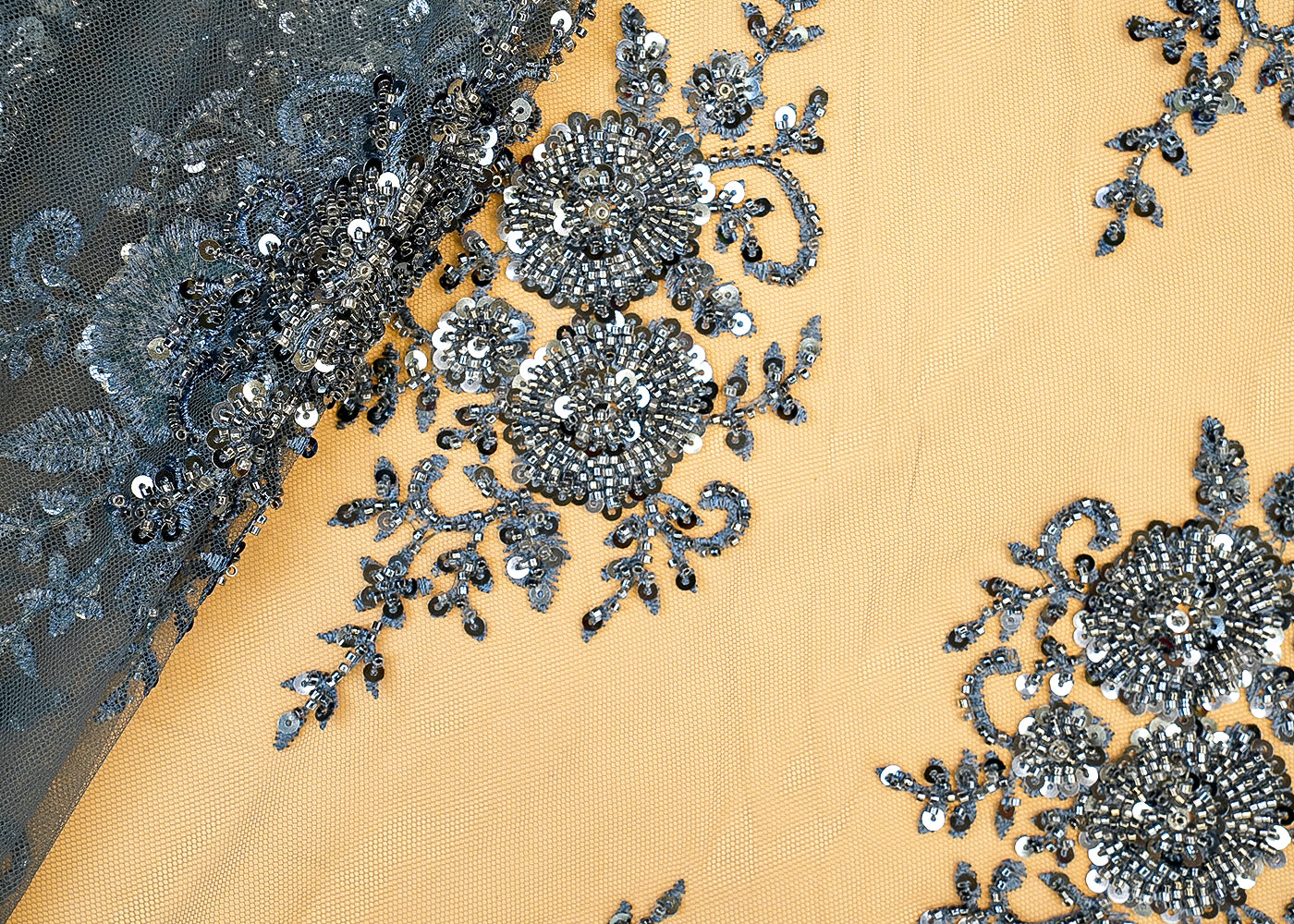 Grey Imported Net Fabric with Sequin & Kutdana Handwork with Scalloped Elegance