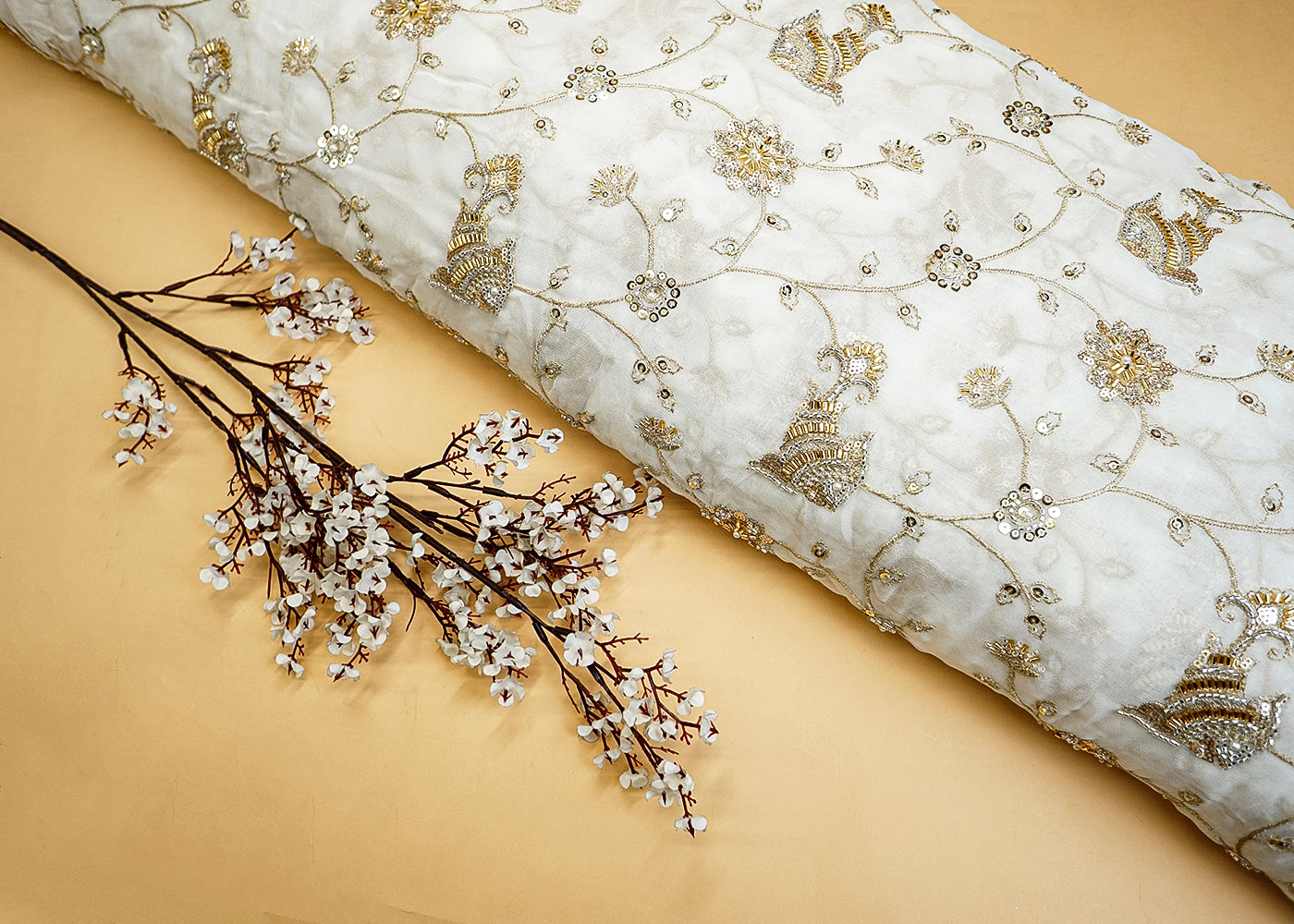 Glamorous Georgette Fabric with Fish & Allover Sequins, Bead, Kutdana and Threadwork