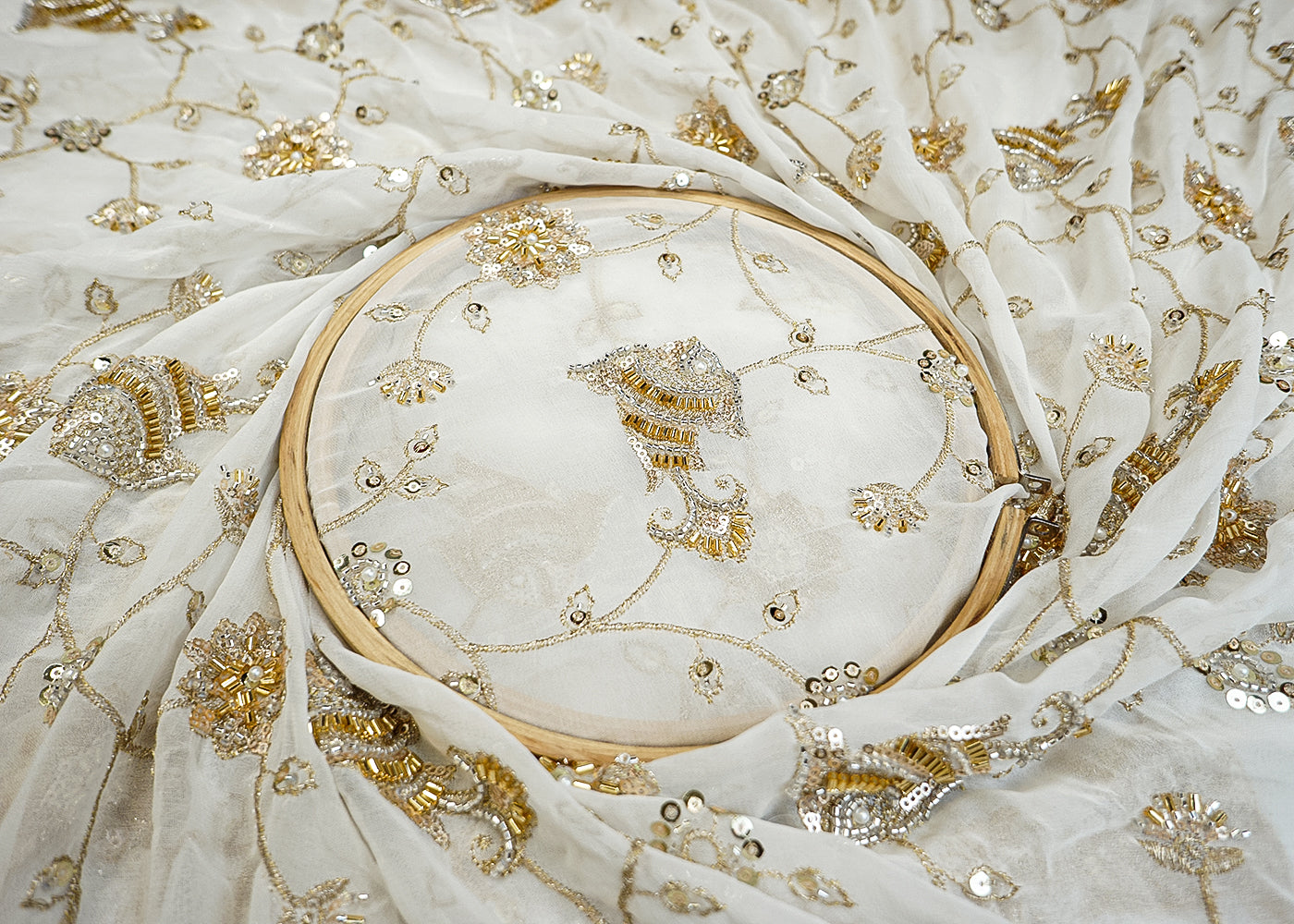 Glamorous Georgette Fabric with Fish & Allover Sequins, Bead, Kutdana and Threadwork