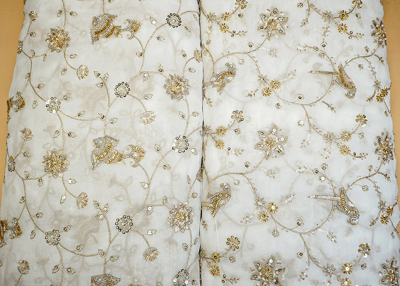 Glamorous Georgette Fabric with Fish & Allover Sequins, Bead, Kutdana and Threadwork