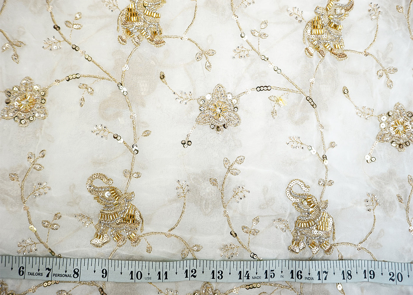 Dyeable Georgette Fabric with Elephant  & Allover Sequins, Bead, Katdana and Threadwork