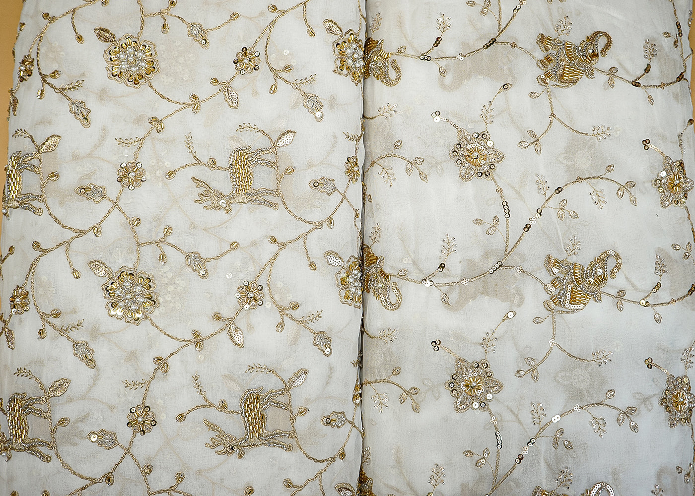 Dyeable Georgette Fabric with Elephant  & Allover Sequins, Bead, Katdana and Threadwork