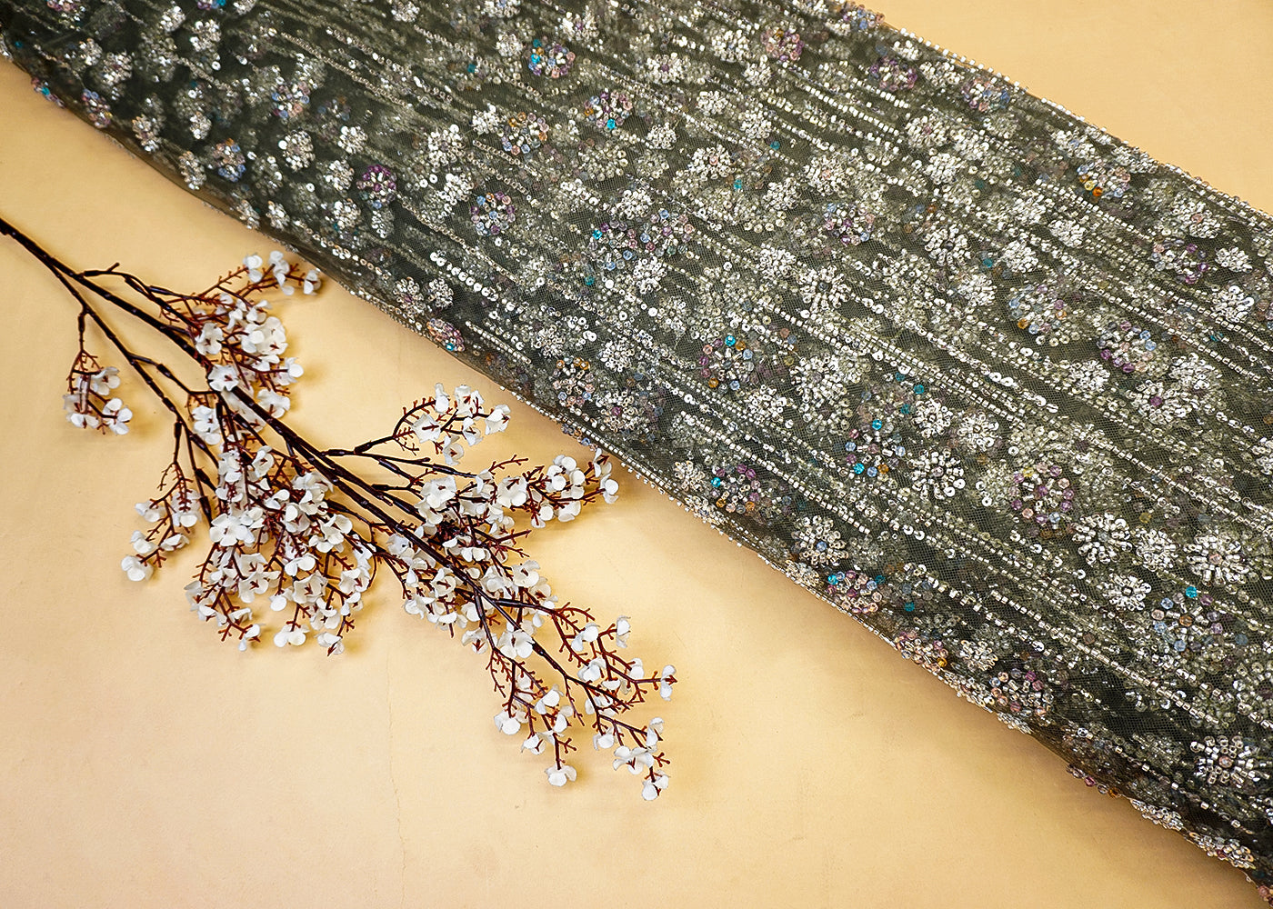 Imported Mehendi Net Fabric with Allover Sequins, Beads & Katdana Work