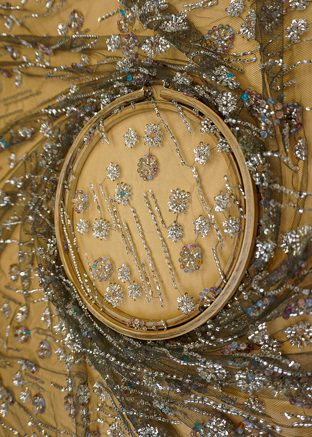Imported Mehendi Net Fabric with Allover Sequins, Beads & Katdana Work