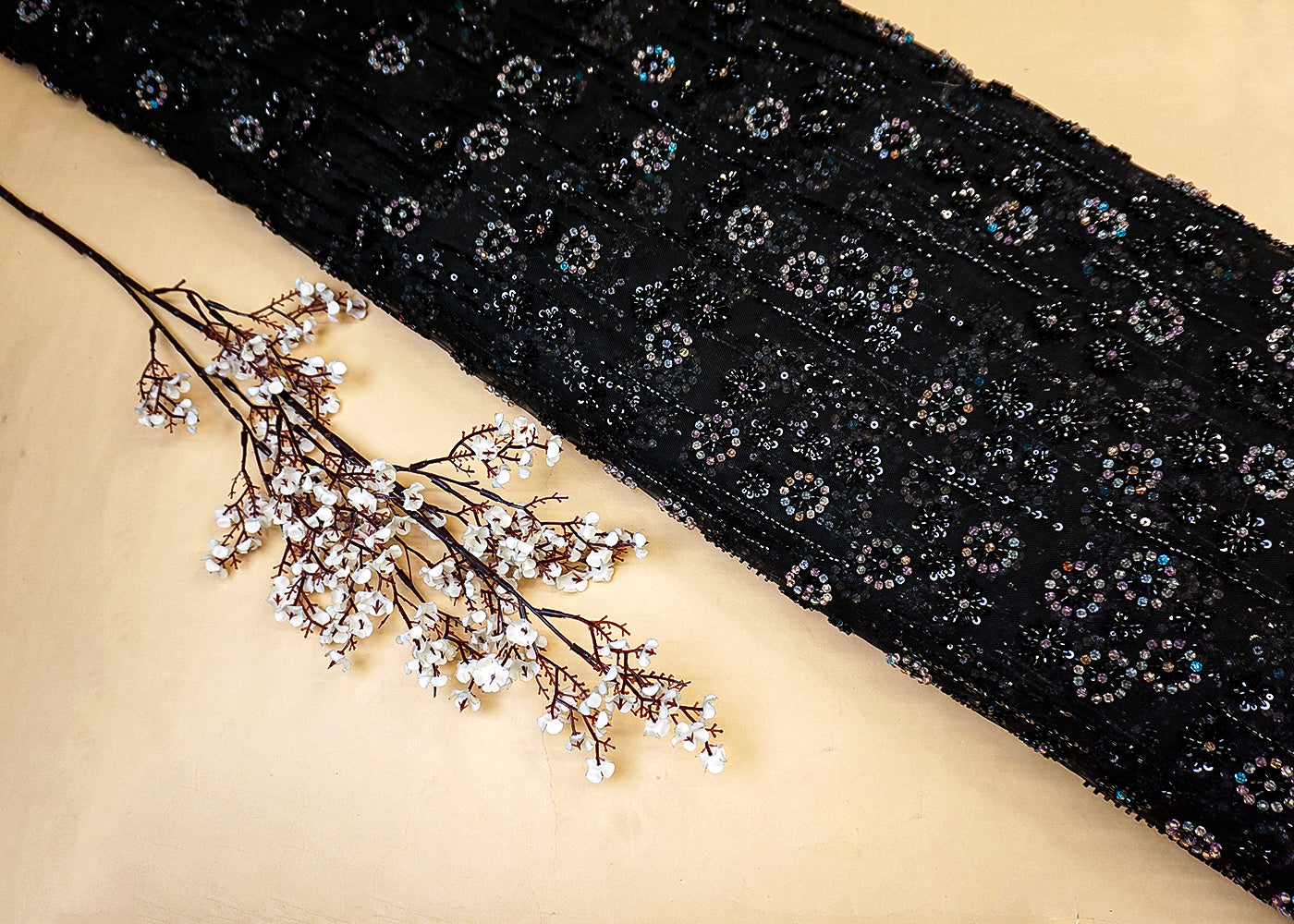 Imported Black Net Fabric with Allover Sequins, Beads & Katdana Work