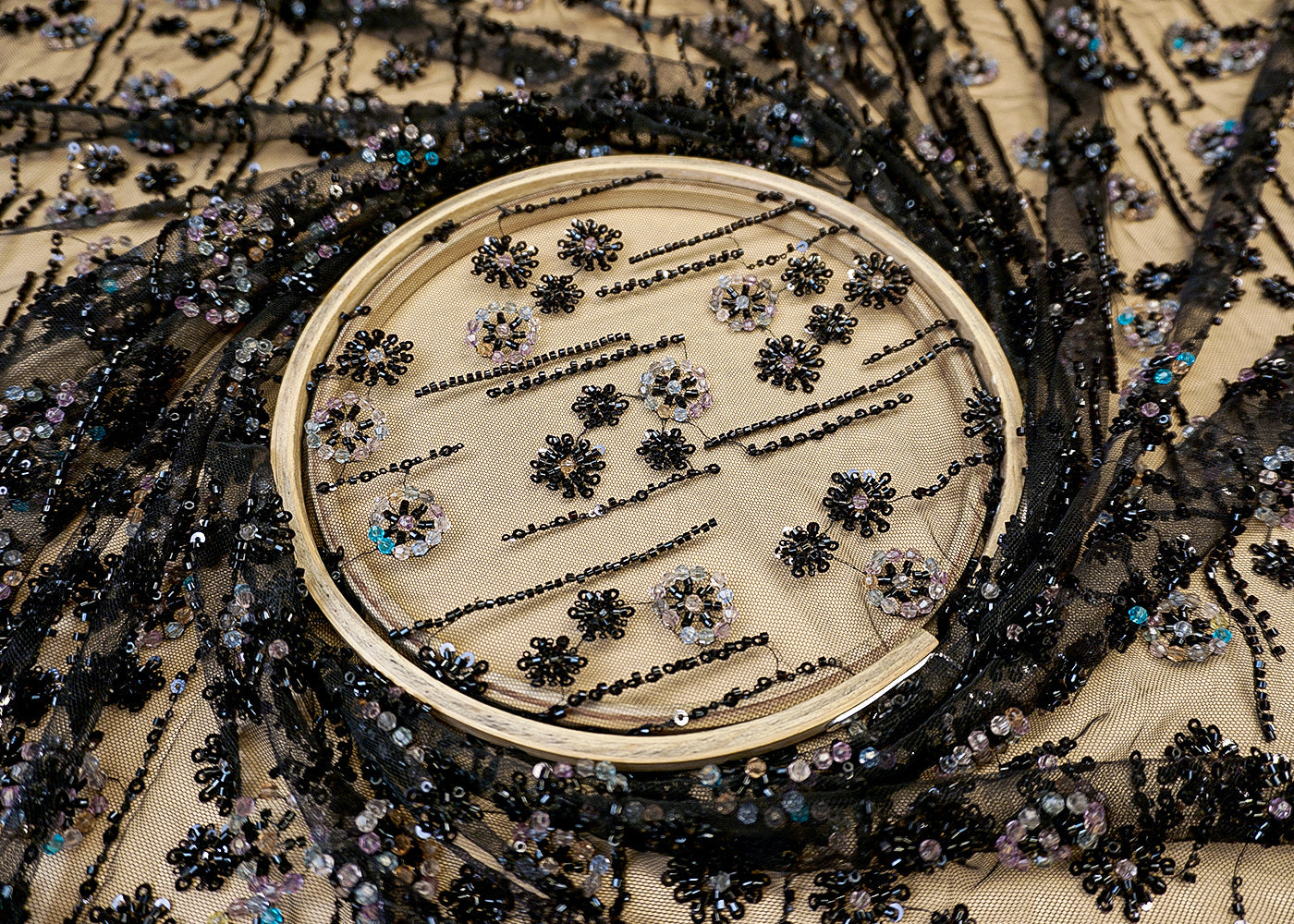 Imported Black Net Fabric with Allover Sequins, Beads & Katdana Work