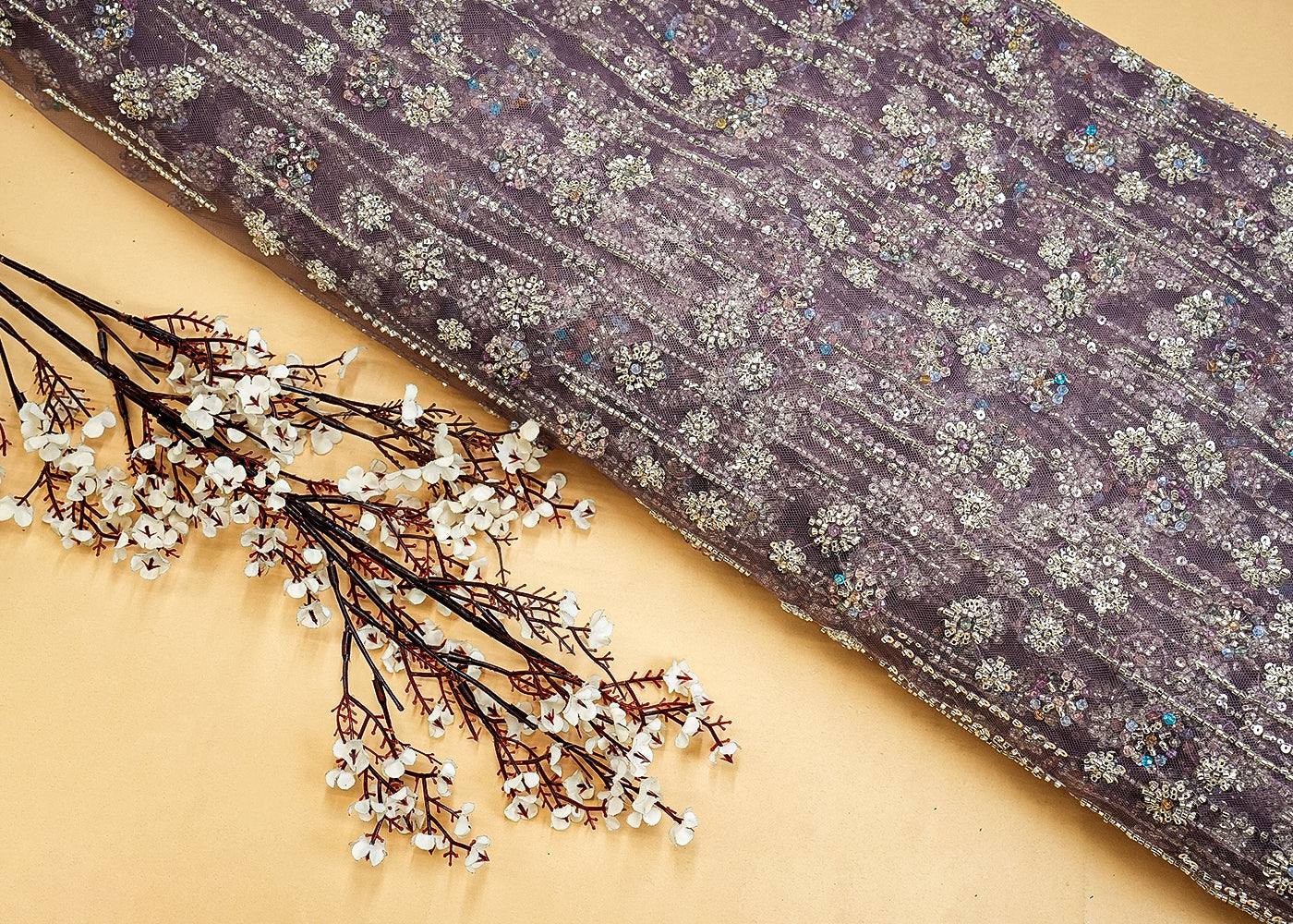 Purple Imported Net Fabric with Allover Sequins, Beads & Katdana Work