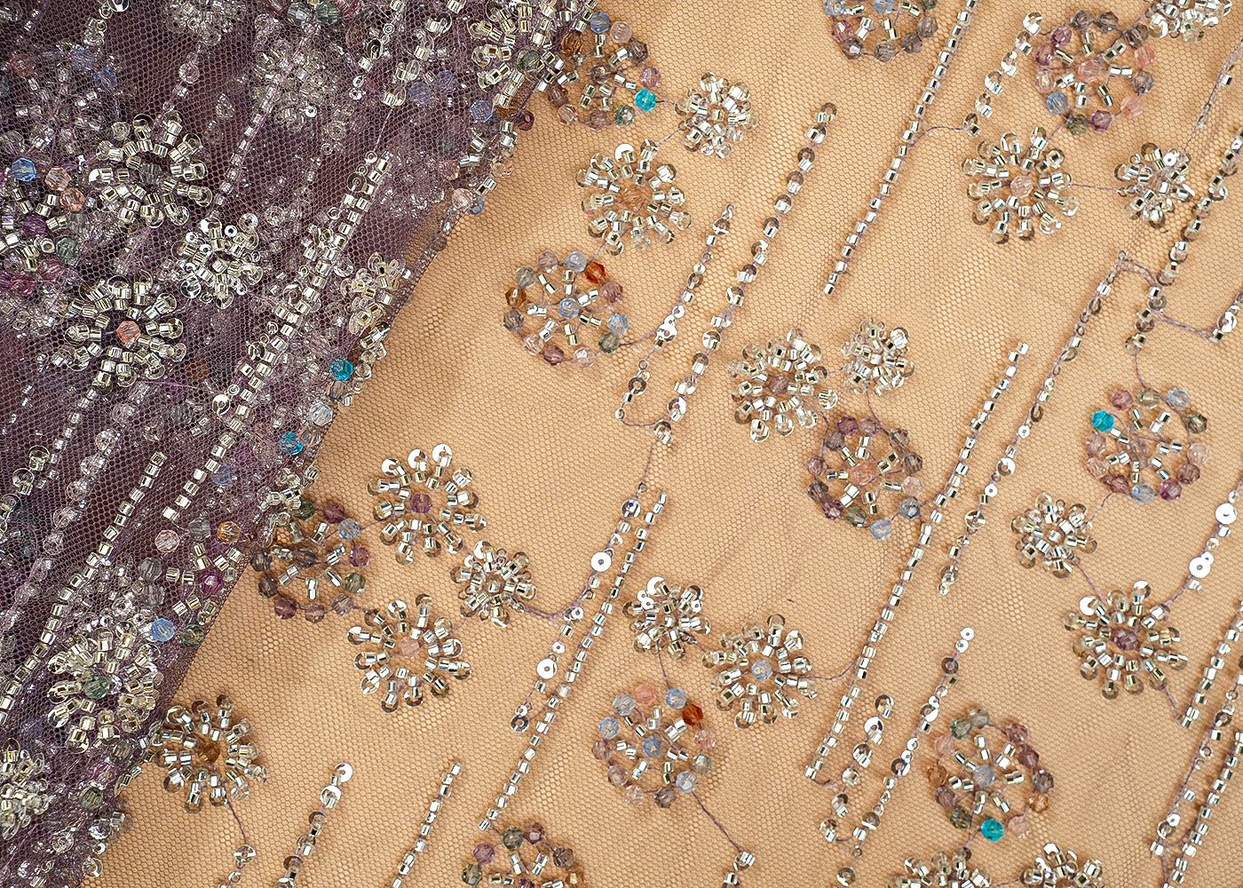 Purple Imported Net Fabric with Allover Sequins, Beads & Katdana Work