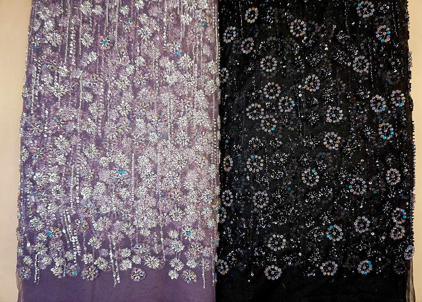 Purple Imported Net Fabric with Allover Sequins, Beads & Katdana Work