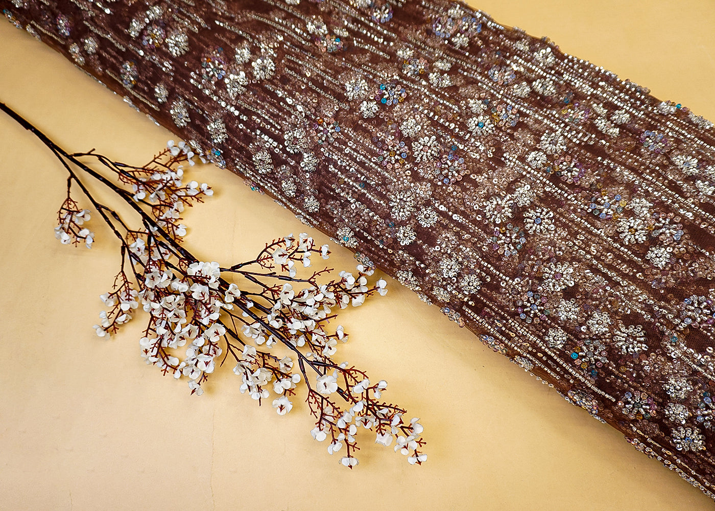 Imported Coffee Net Fabric with Allover Sequins, Beads & Katdana Work