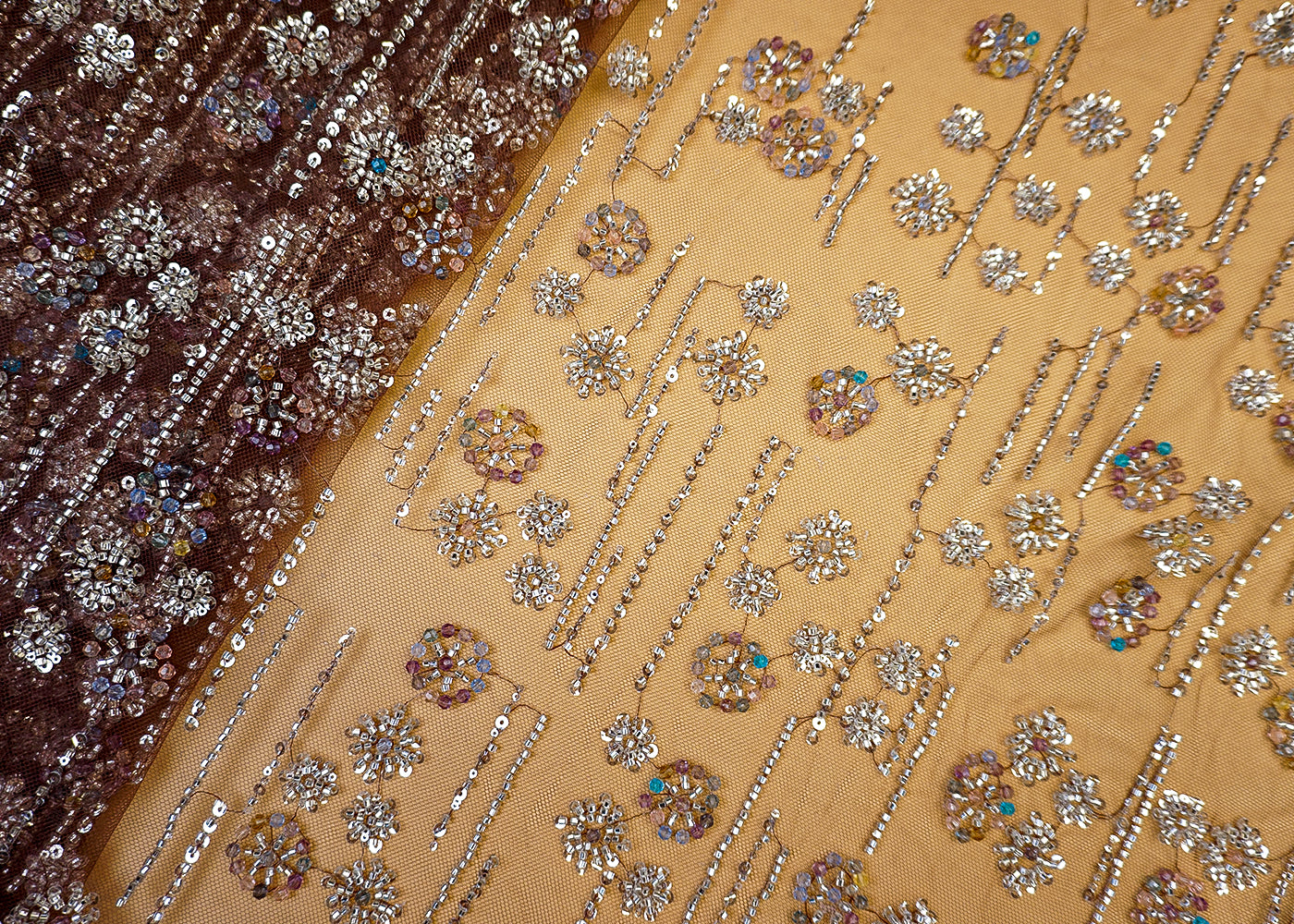 Imported Coffee Net Fabric with Allover Sequins, Beads & Katdana Work