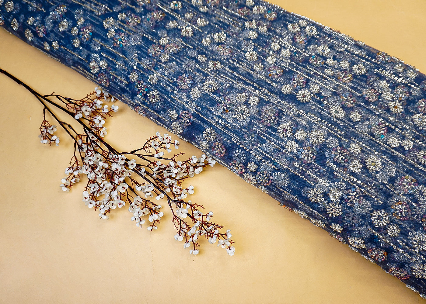 Imported Blue Net Fabric with Allover Sequins, Beads & Kutdana Work