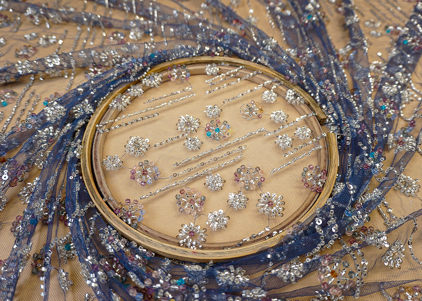 Imported Blue Net Fabric with Allover Sequins, Beads & Kutdana Work