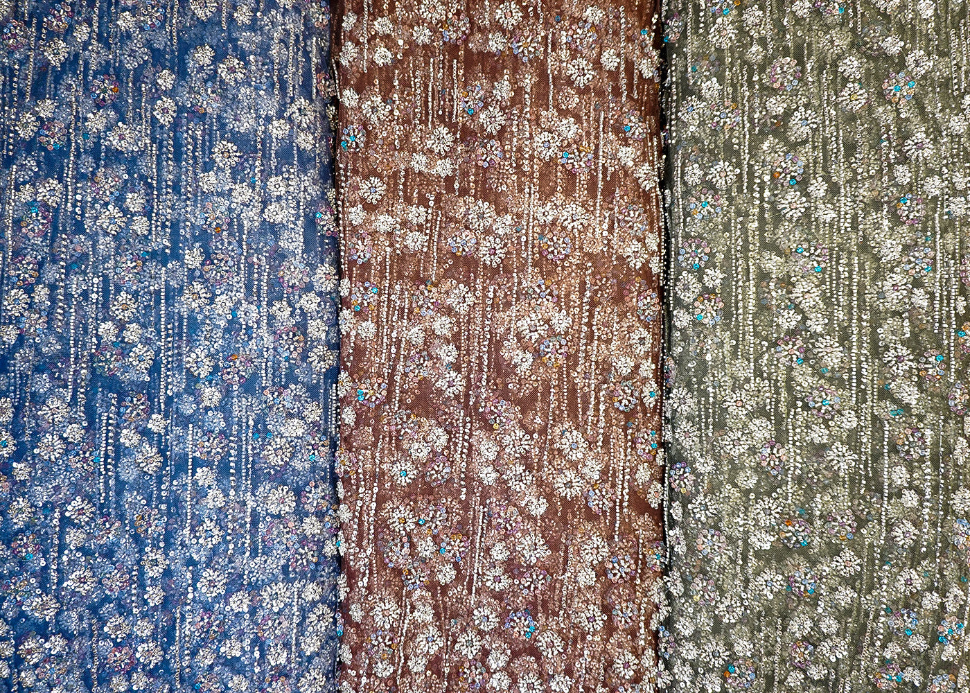 Imported Blue Net Fabric with Allover Sequins, Beads & Kutdana Work