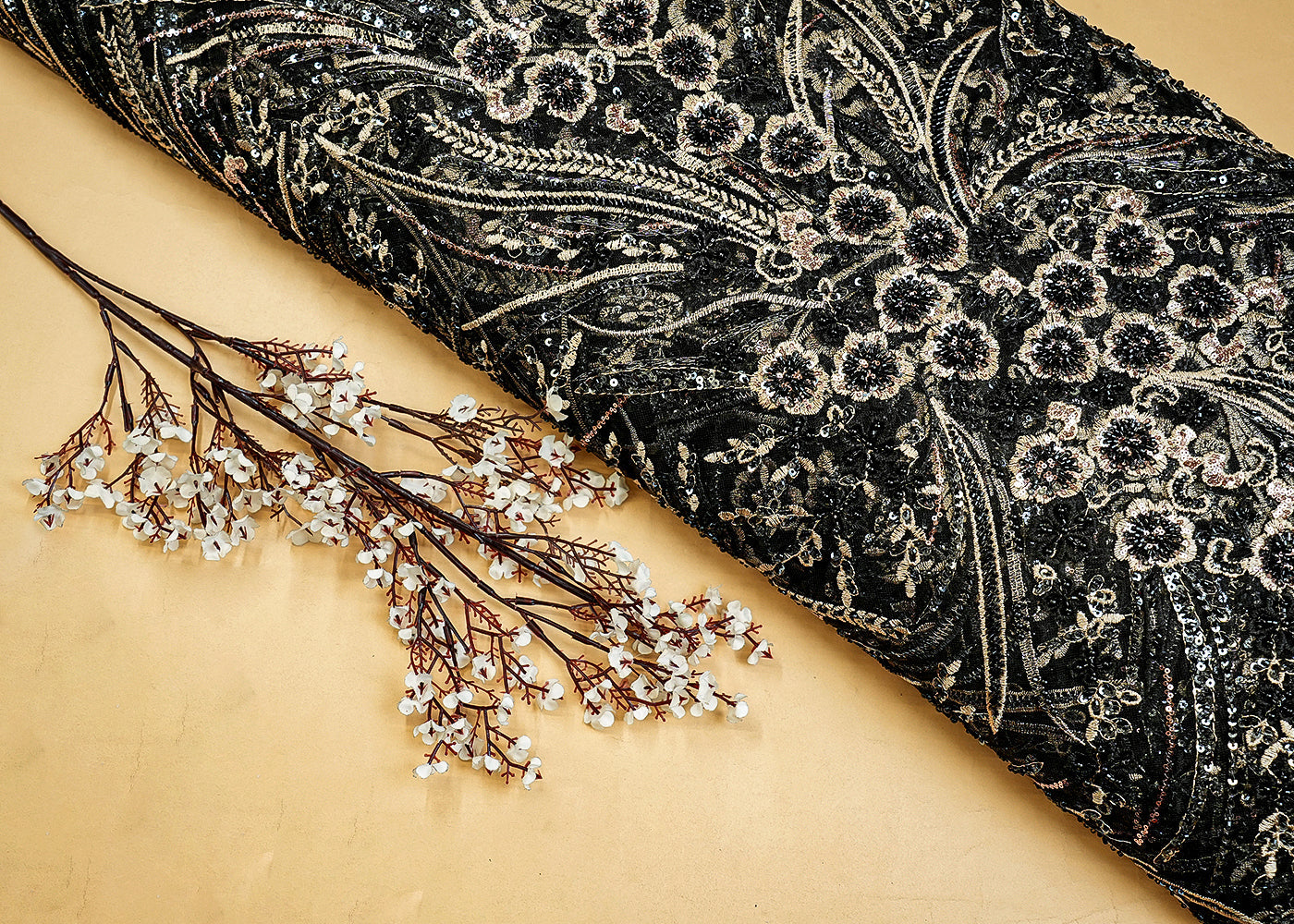 Black Net Fabric with Allover Katdana and Sequins Flowers Pattern 12377