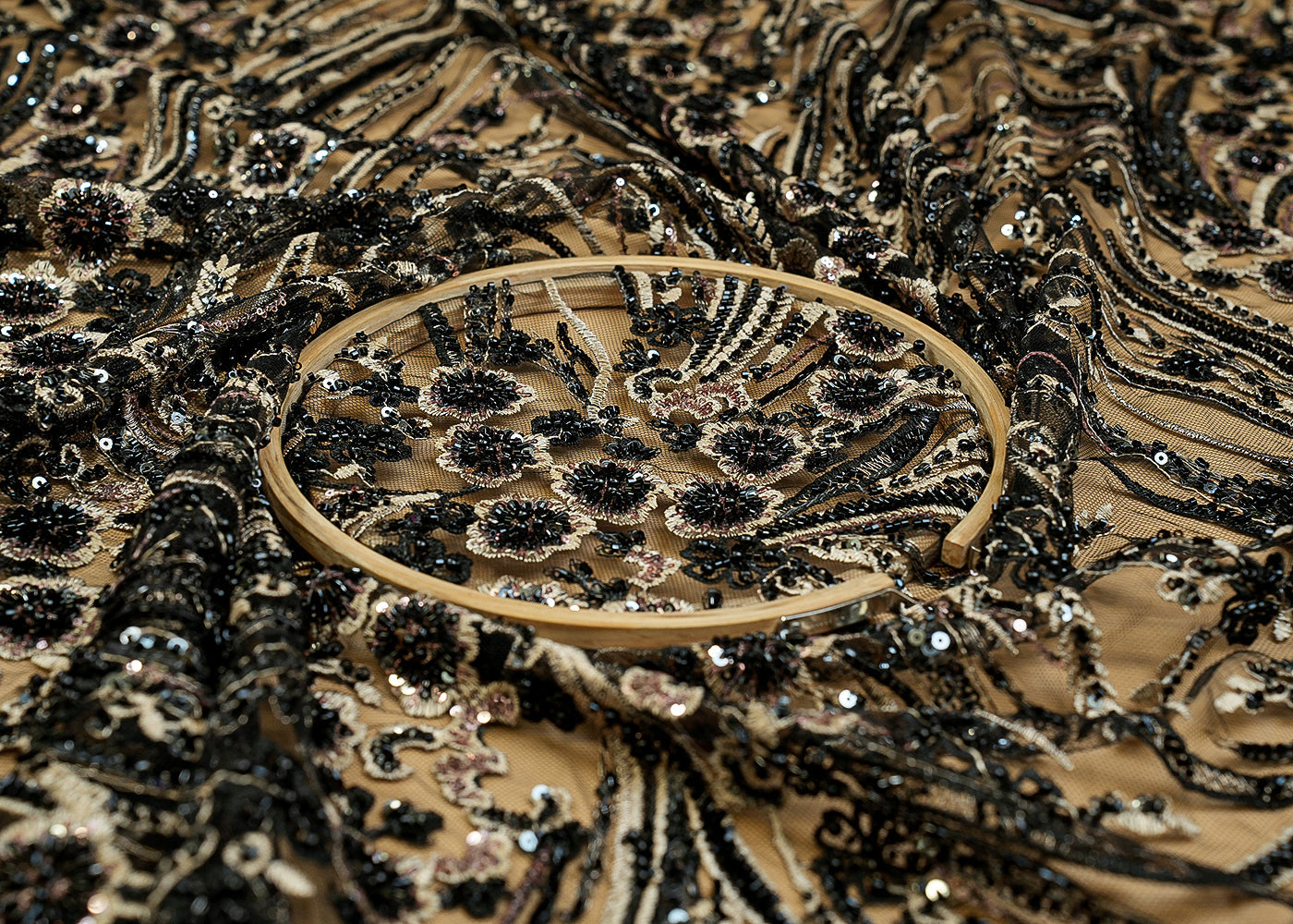 Black Net Fabric with Allover Katdana and Sequins Flowers Pattern 12377